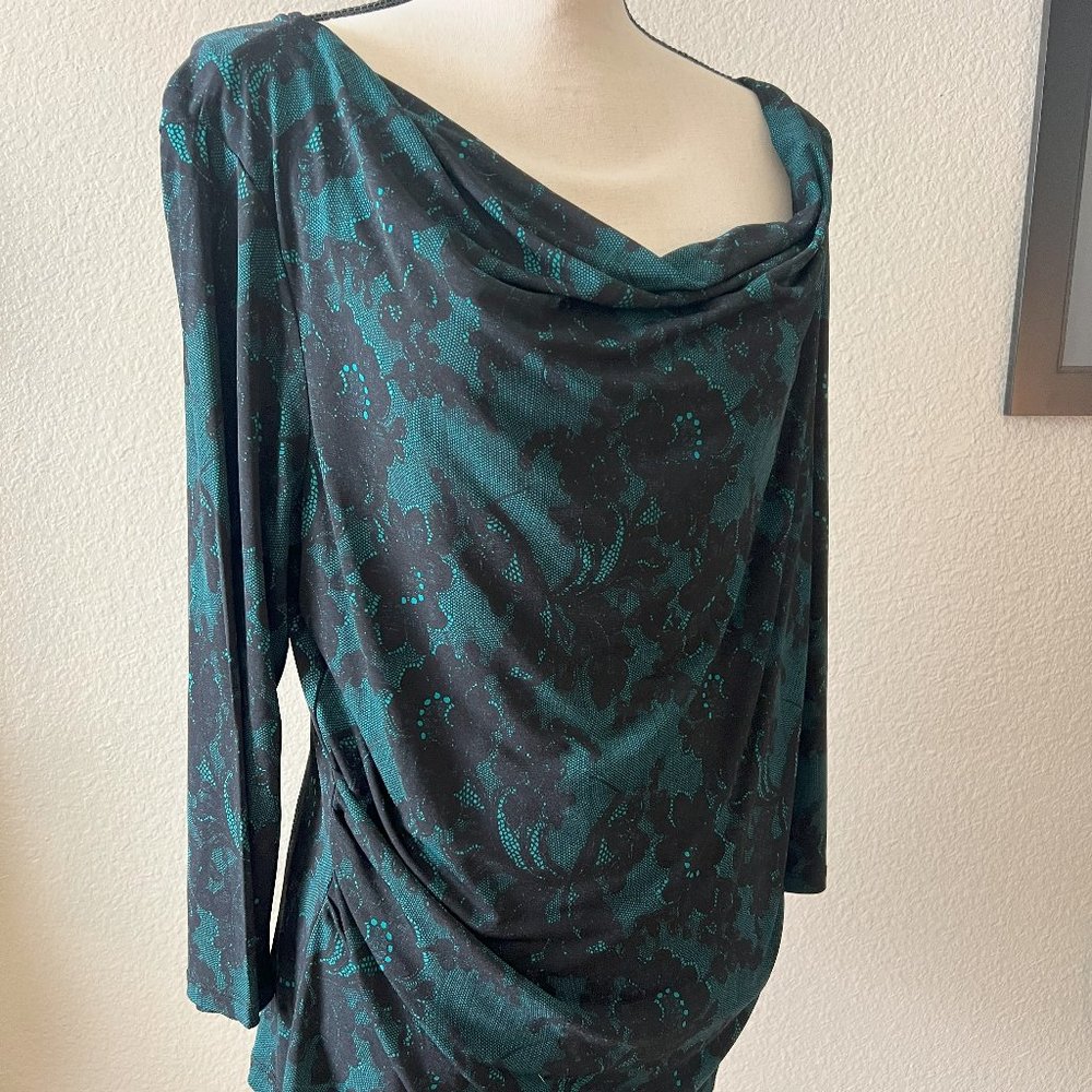Cowl neck blouse with side ruching and keyhole back